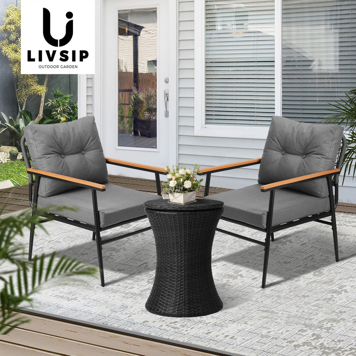 Livsip Outdoor Furniture Lounge Setting Ice Bucket Black Table 2 Seater - Sunyee