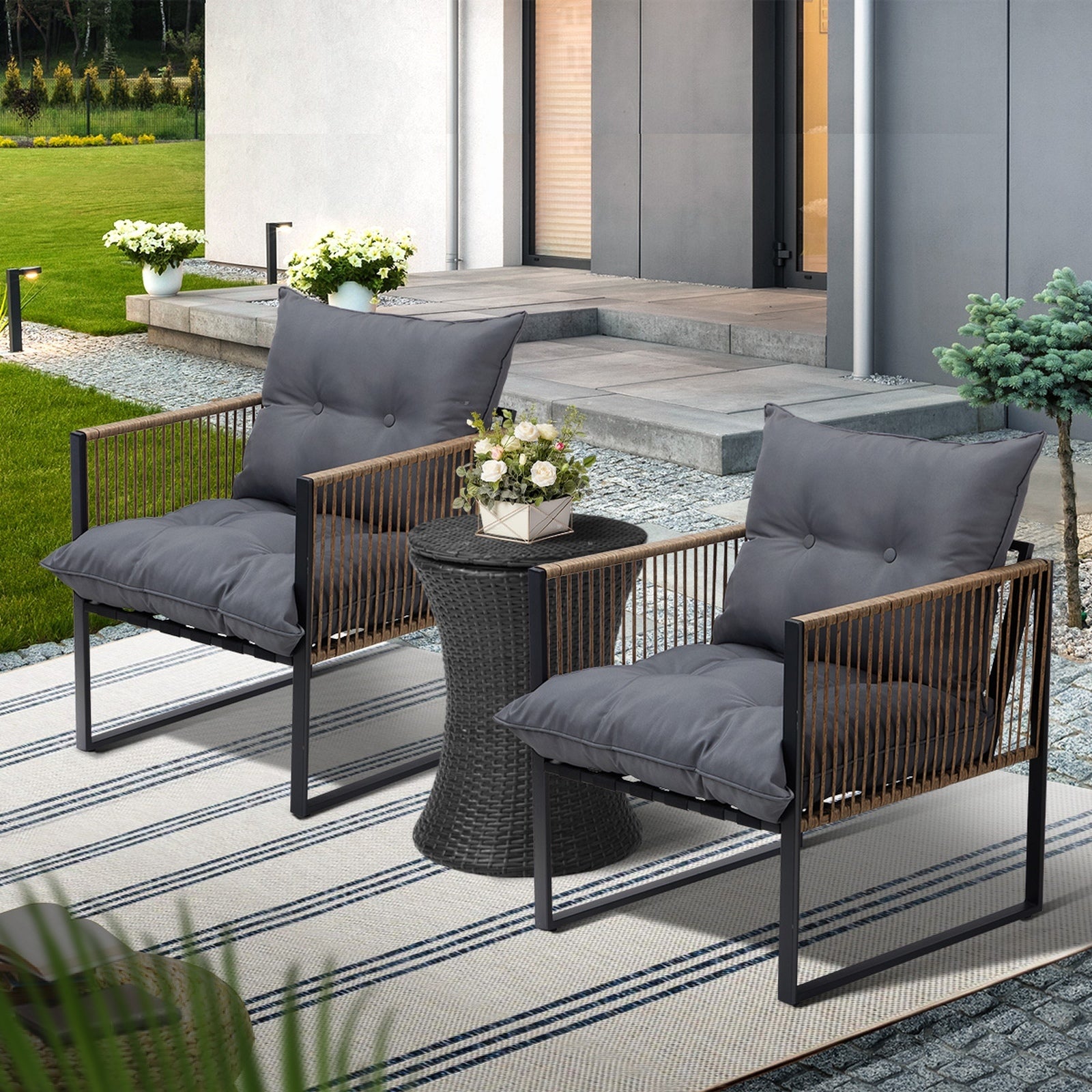Livsip Outdoor Patio Set Ice Bucket Black Table Rattan Bistro Setting 3pcs - Sunyee