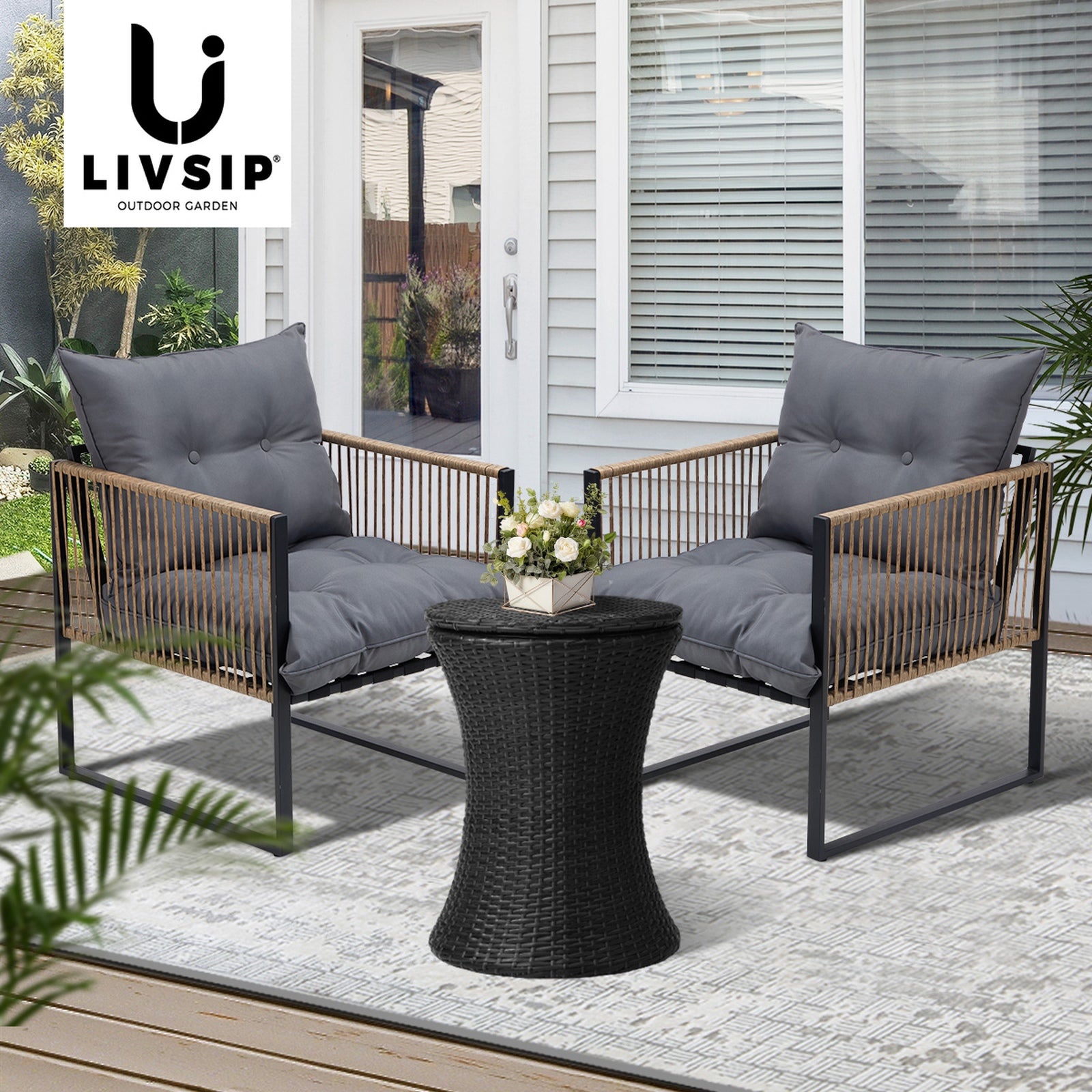 Livsip Outdoor Patio Set Ice Bucket Black Table Rattan Bistro Setting 3pcs - Sunyee