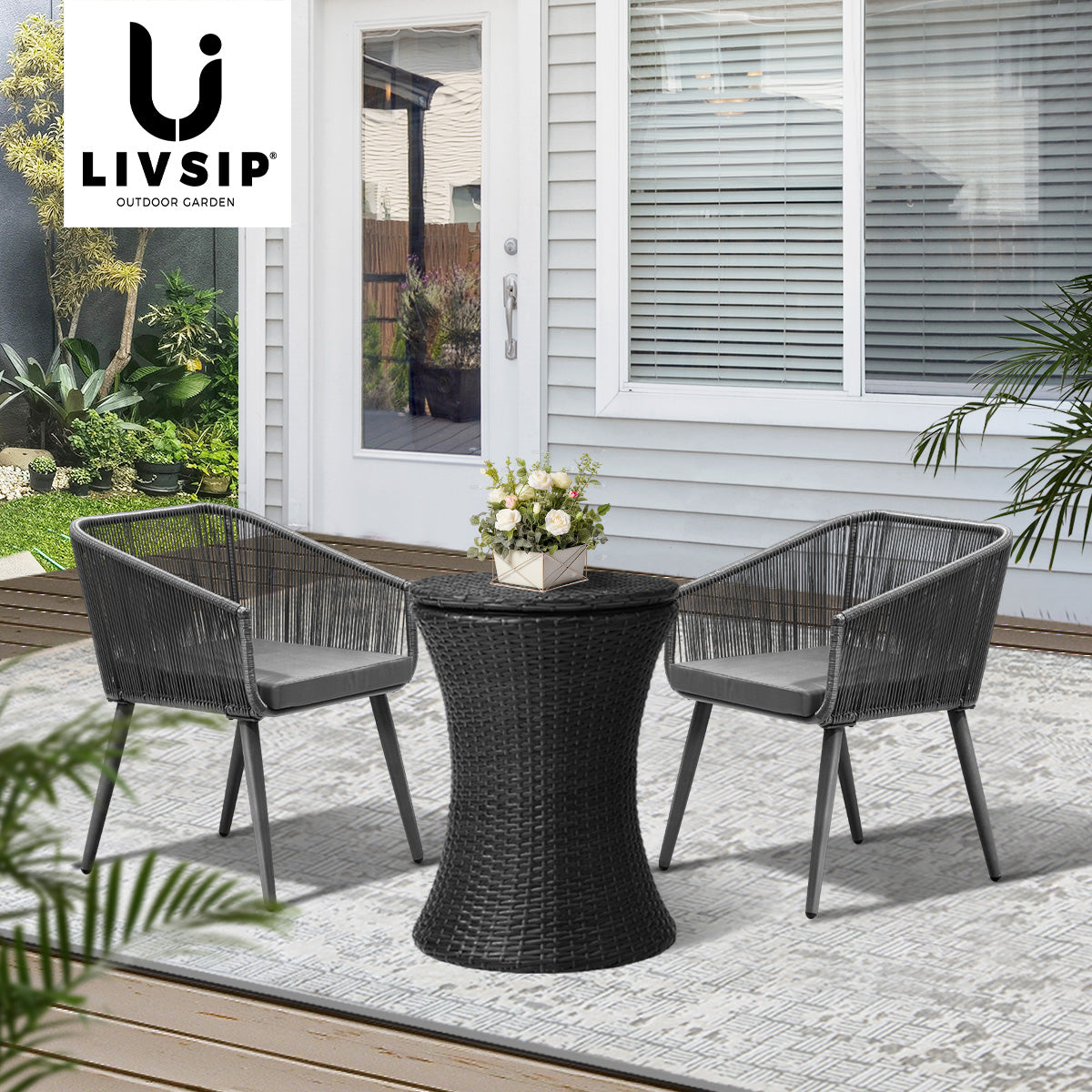 Livsip 3PCS Outdoor Furniture Lounge Setting Ice Bucket Black Adjustable Table - Sunyee