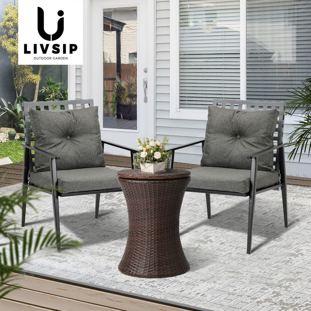 Livsip Outdoor Furniture Setting Ice Bucket Brown Table 2 Seater Bistro Set - Sunyee
