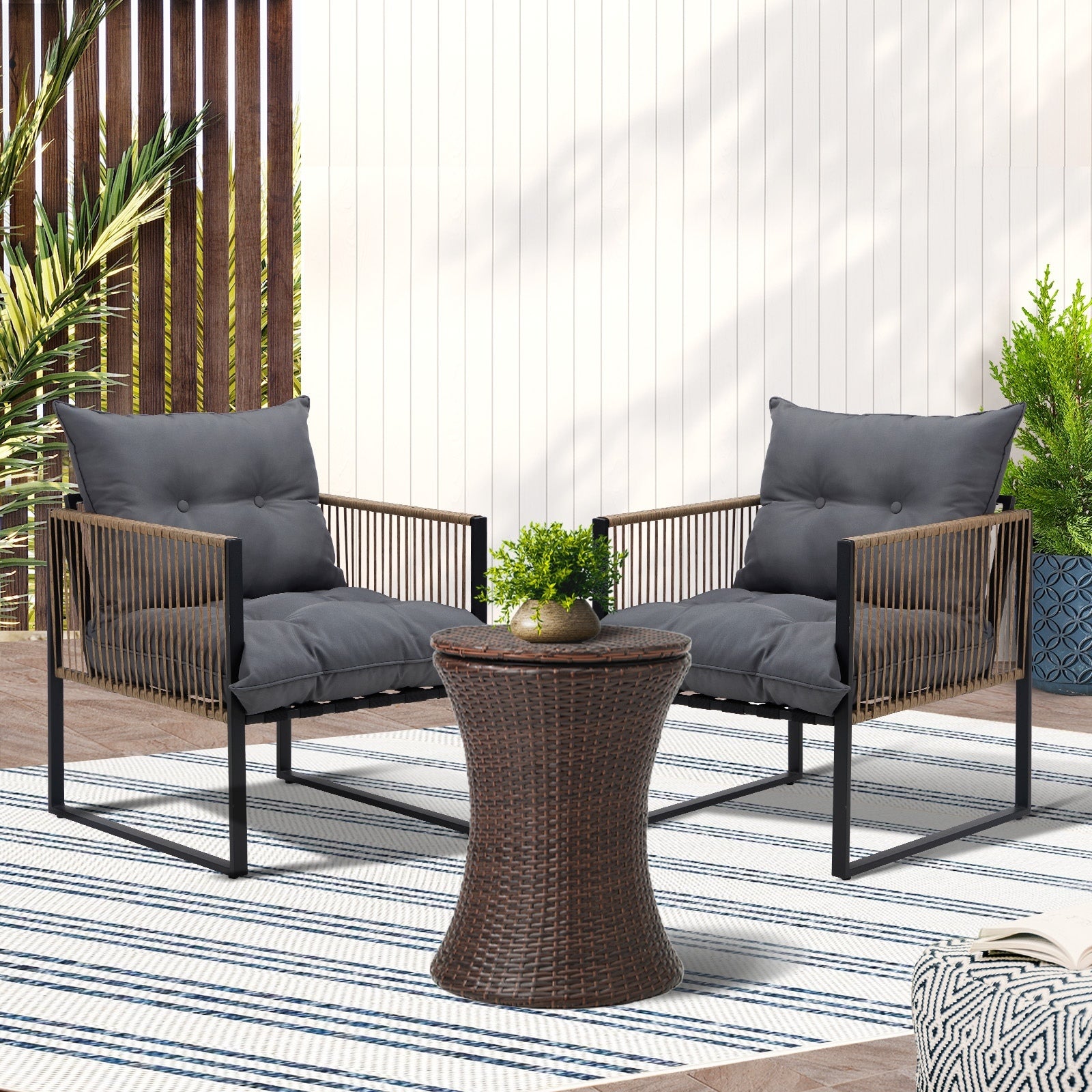 Livsip Outdoor Patio Set Ice Bucket Brown Table Rattan Bistro Setting 3pcs - Sunyee