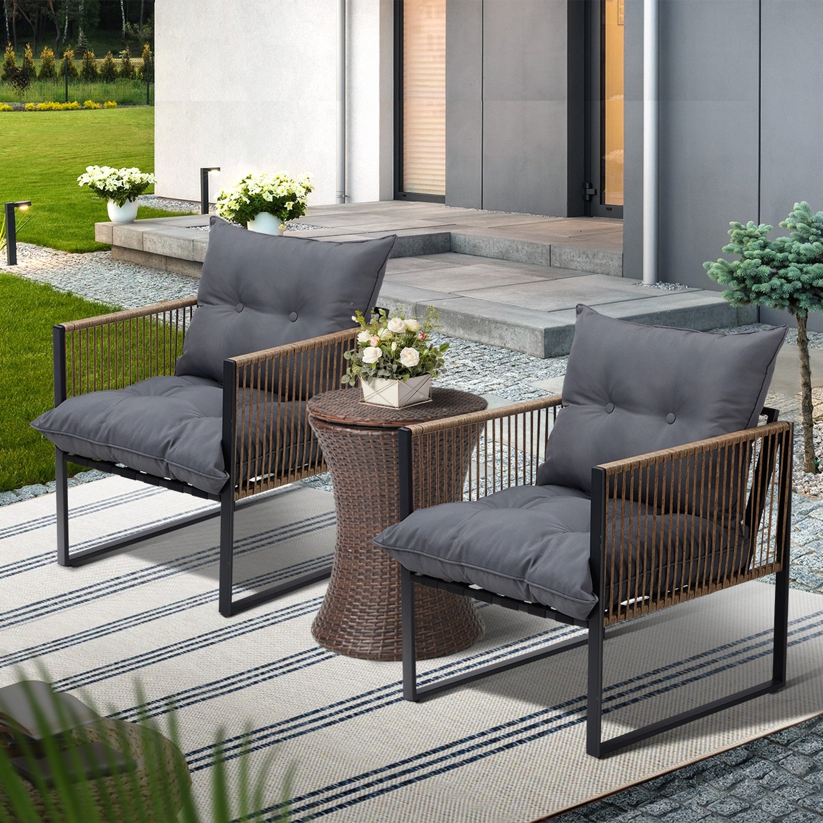 Livsip Outdoor Patio Set Ice Bucket Brown Table Rattan Bistro Setting 3pcs - Sunyee