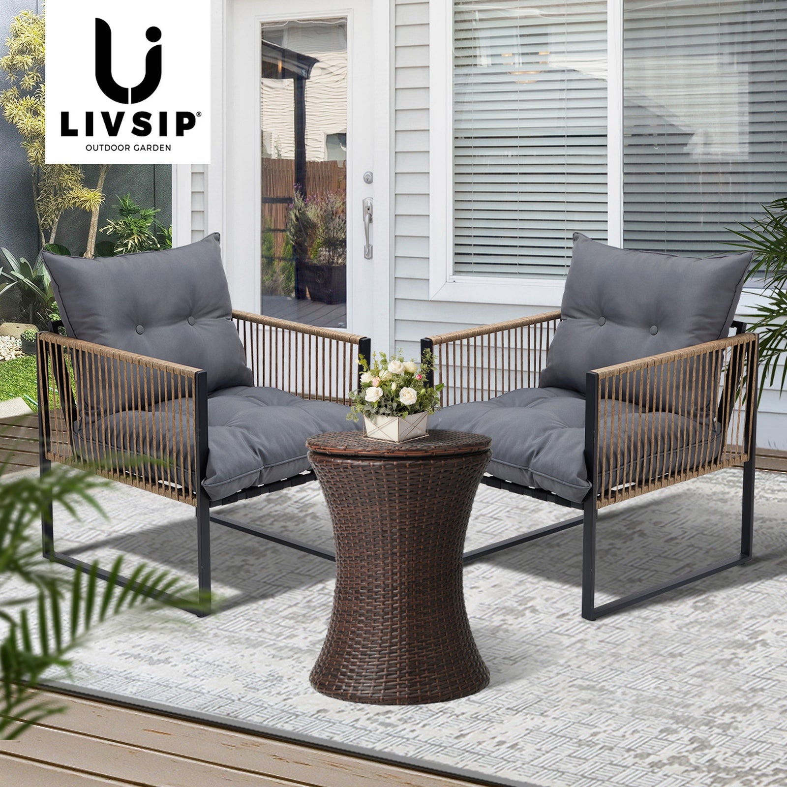 Livsip Outdoor Patio Set Ice Bucket Brown Table Rattan Bistro Setting 3pcs - Sunyee