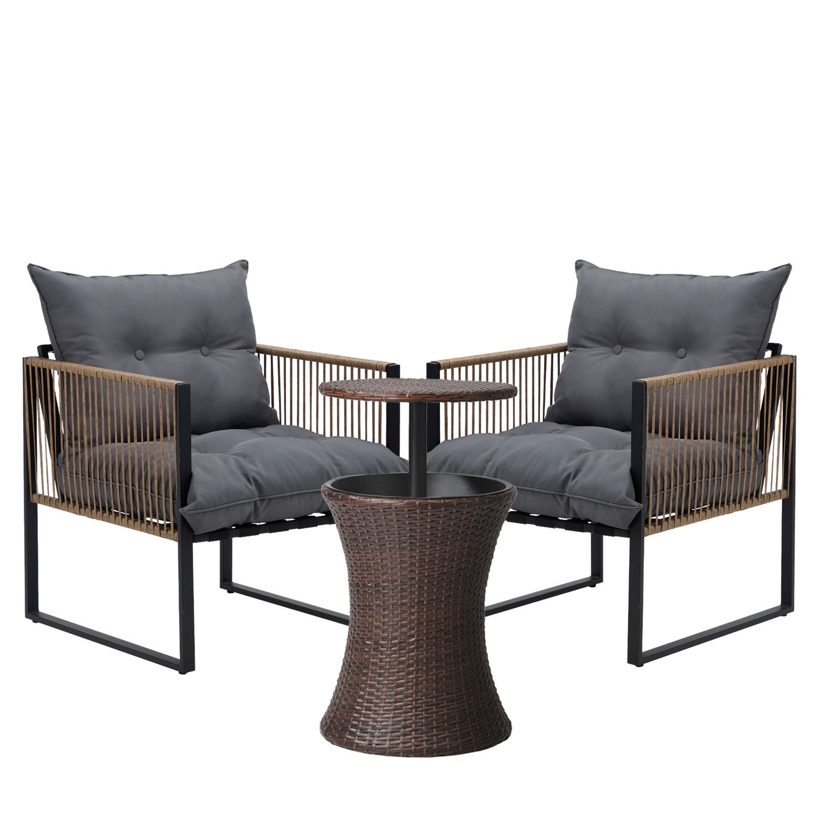 Livsip Outdoor Patio Set Ice Bucket Brown Table Rattan Bistro Setting 3pcs - Sunyee