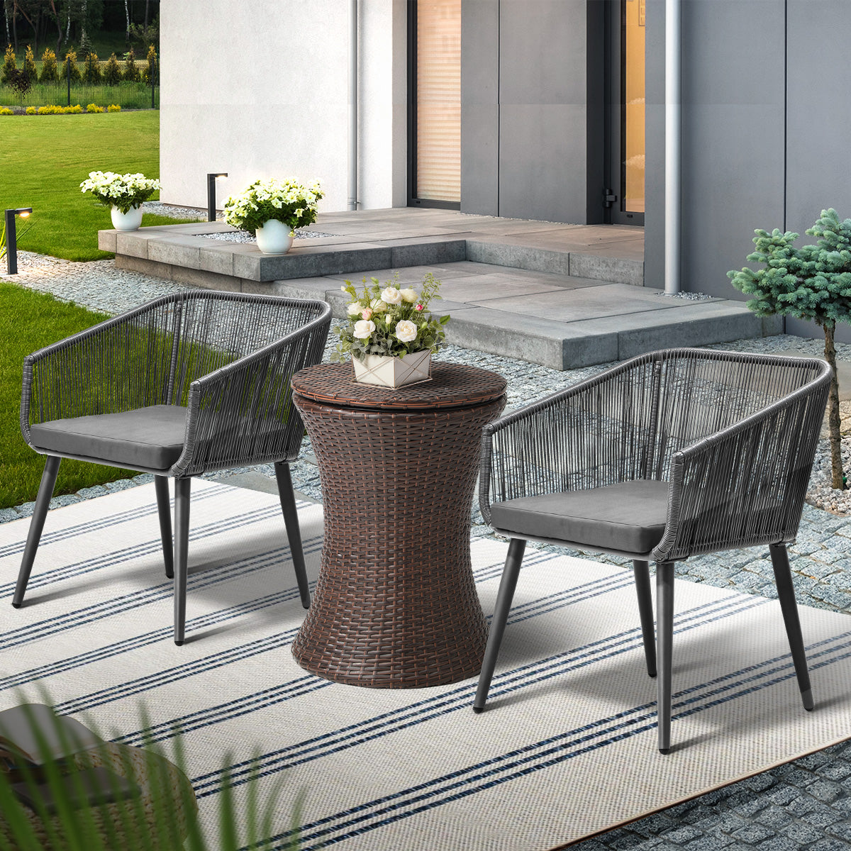Livsip 3PCS Outdoor Furniture Lounge Setting Ice Bucket Brown Adjustable Table - Sunyee