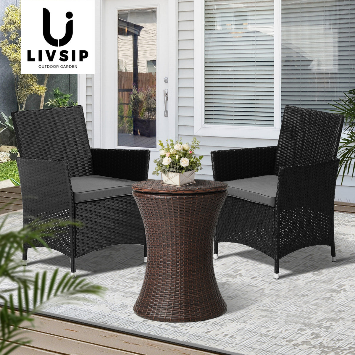 Livsip Outdoor Patio Set Ice Bucket Table Brown Bistro Setting 3pcs - Sunyee