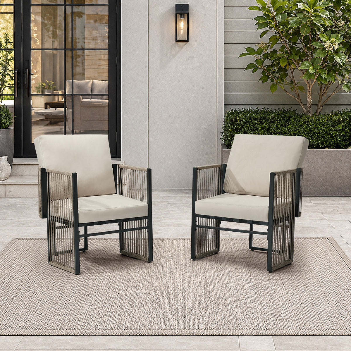 Livsip 2 Pieces Outdoor Patio Chair Bistro Lounge with Cushions Woven Rope