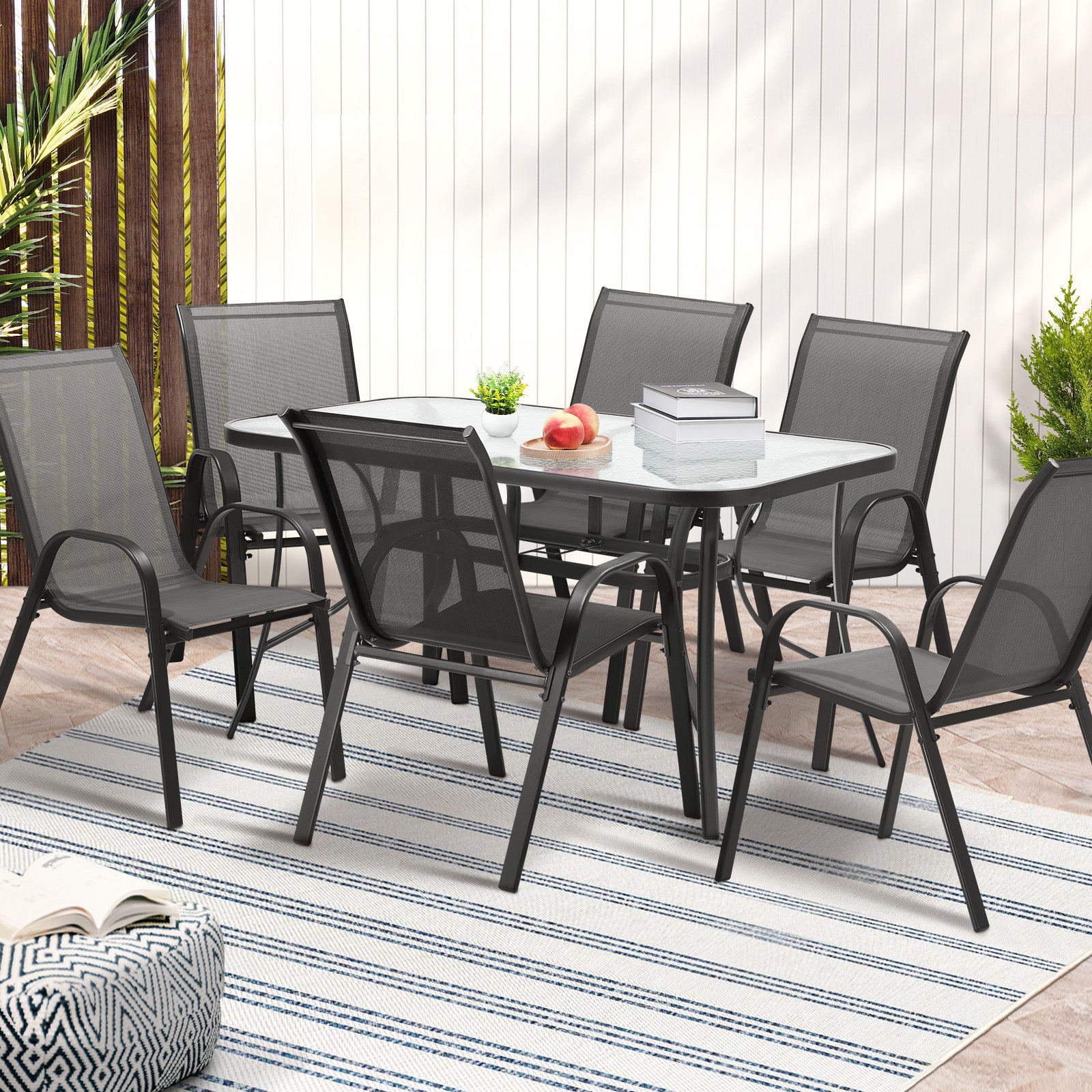 Livsip 7PCS Outdoor Dining Setting 140cm Table Patio Furniture Bistro Set Grey - Sunyee