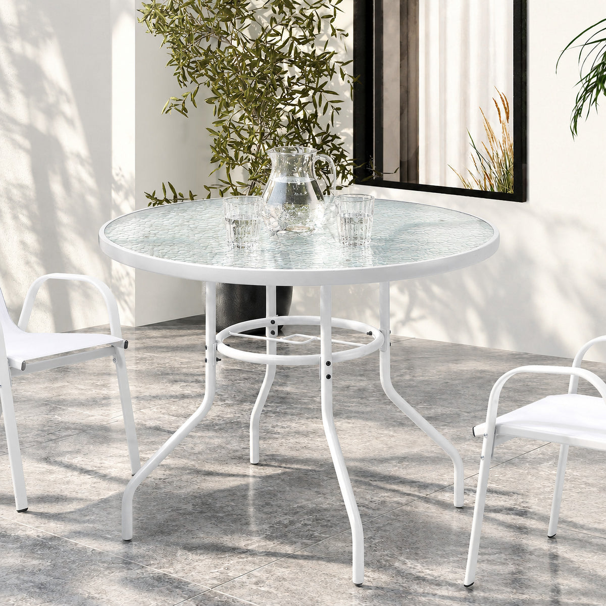 Livsip 90cm Outdoor Dining Glass Table Round Patio Furniture Bistro Set White - Sunyee