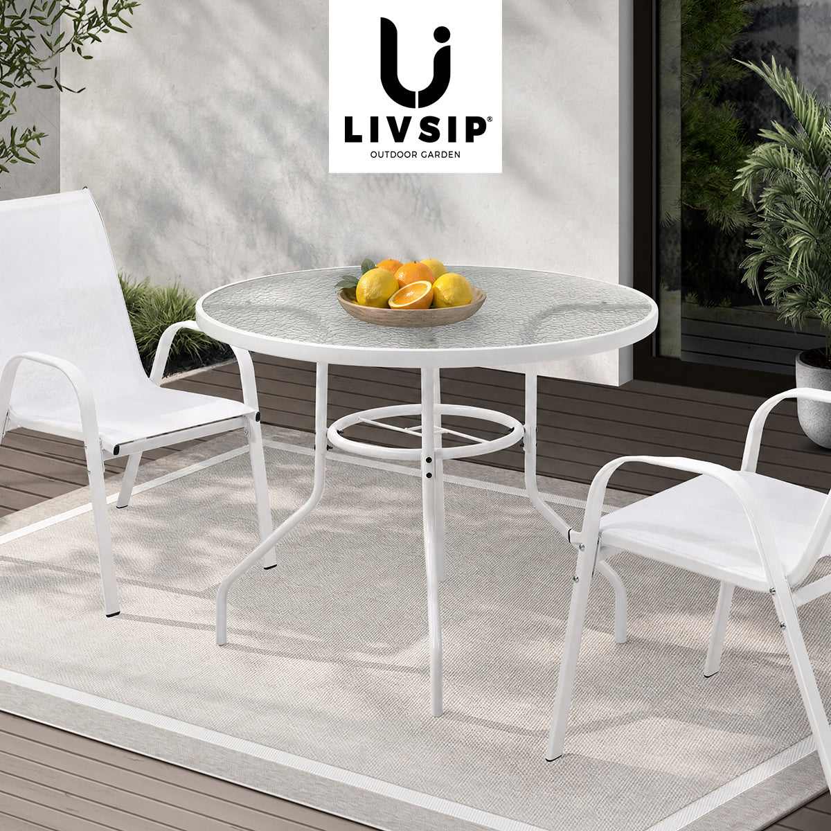 Livsip 90cm Outdoor Dining Glass Table Round Patio Furniture Bistro Set White - Sunyee