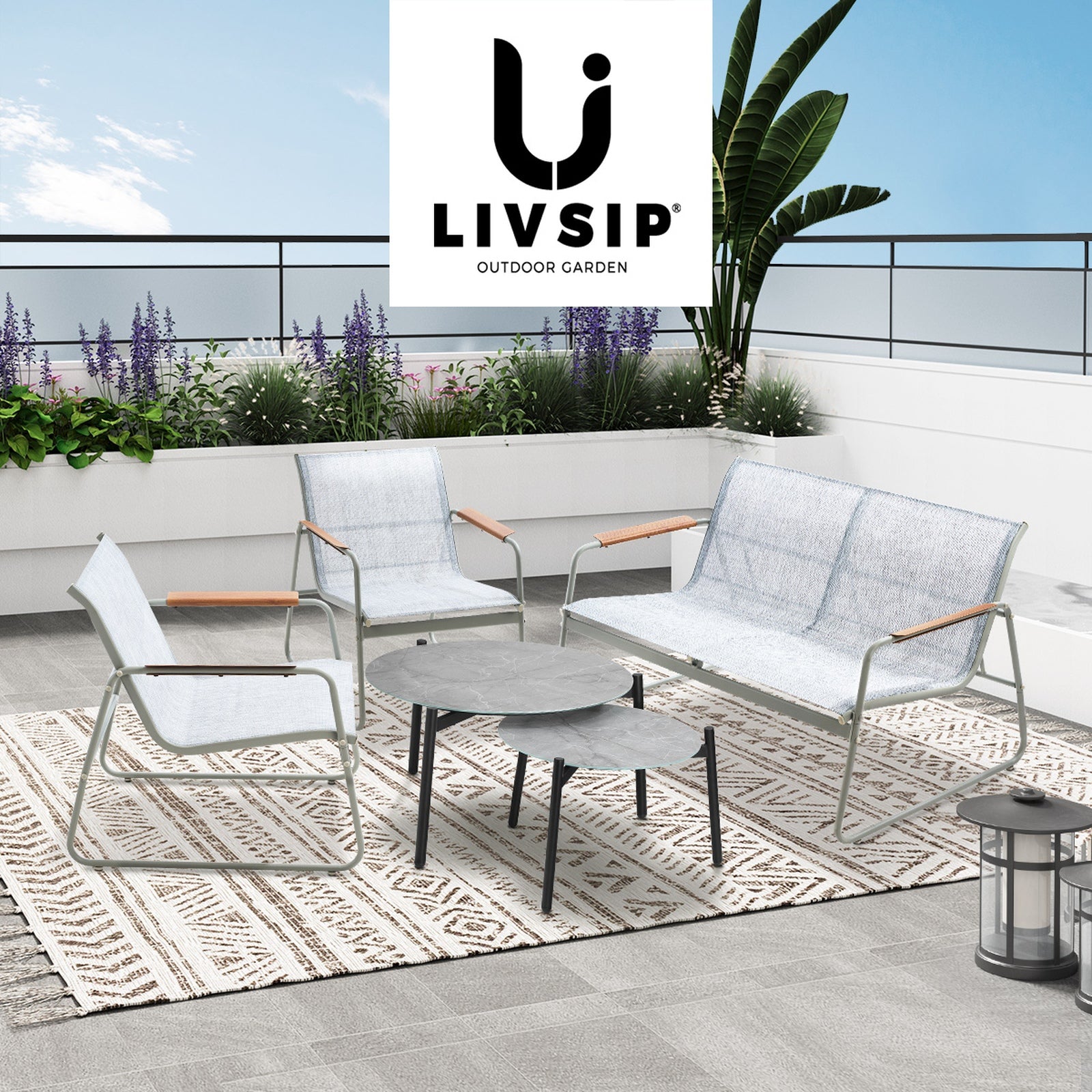 Livsip 4 Seater Outdoor Lounge Setting Furniture Patio Grey Table Set Chairs - Sunyee