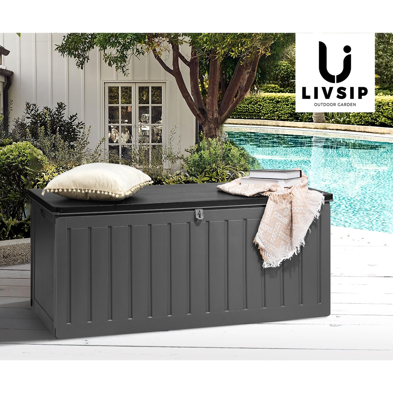 Livsip Outdoor Storage Box Bench 490L Cabinet Container Garden Deck Tool Grey - Sunyee