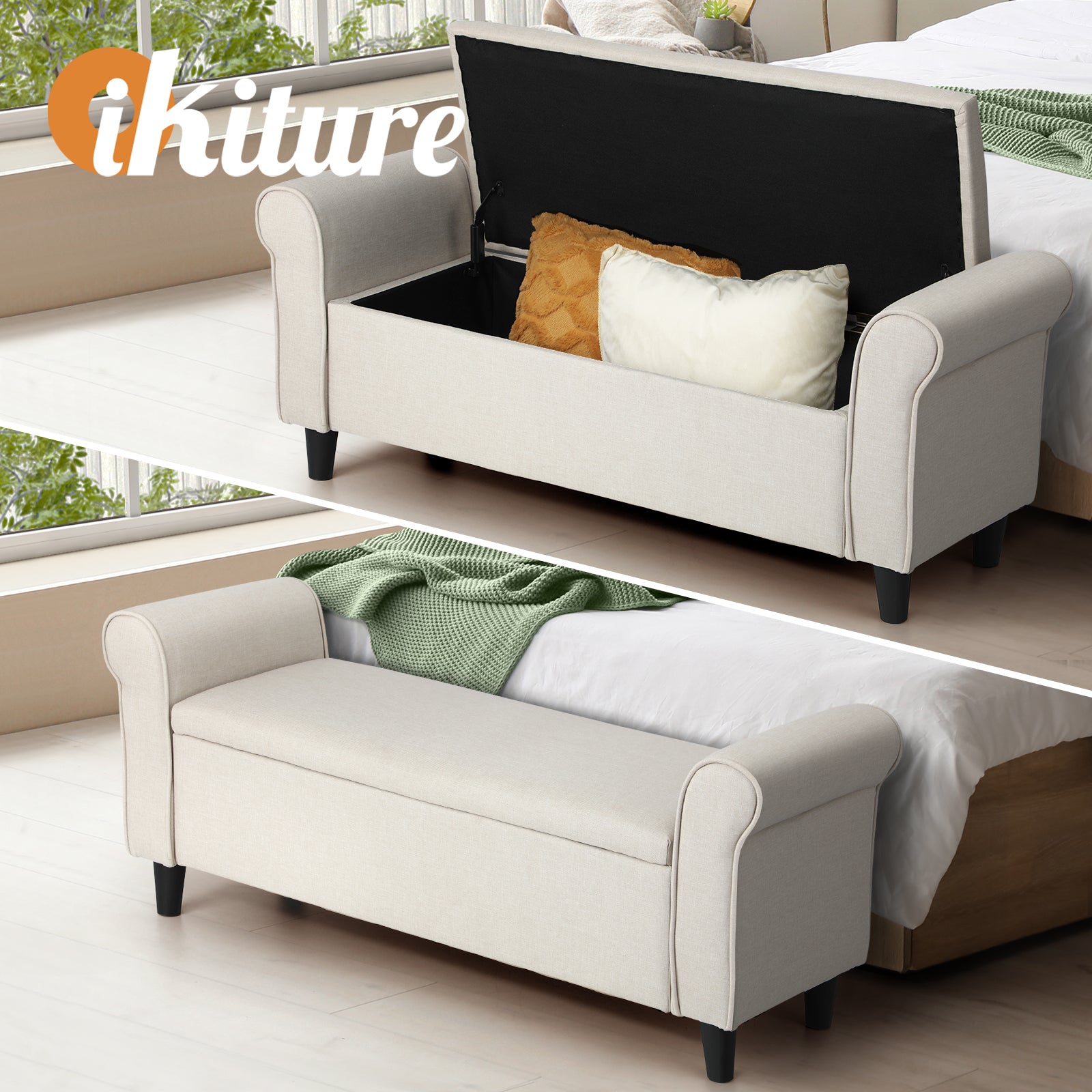 Oikiture Storage Ottoman Blanket Box Linen Fabric Arm Foot Stool Couch Bench - Sunyee