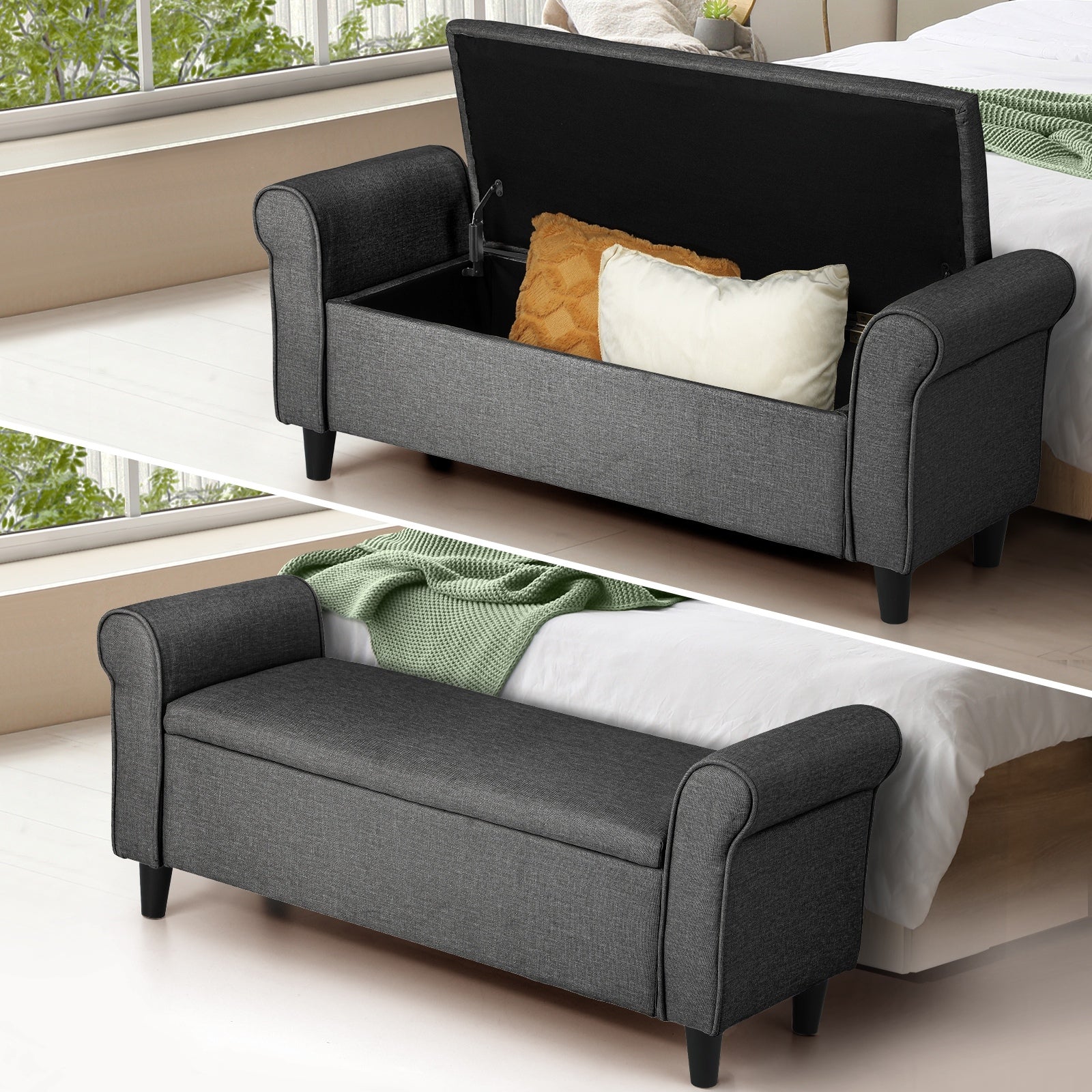 Oikiture Storage Ottoman Blanket Box Linen Fabric Arm Foot Stool Couch Bench - Sunyee