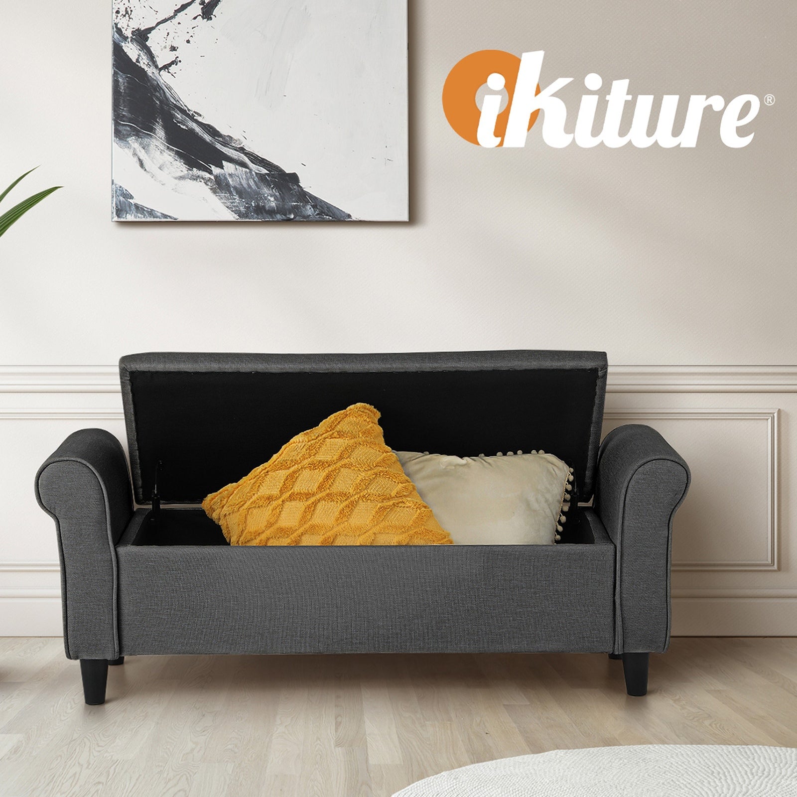 Oikiture Storage Ottoman Blanket Box Linen Fabric Arm Foot Stool Couch Bench - Sunyee