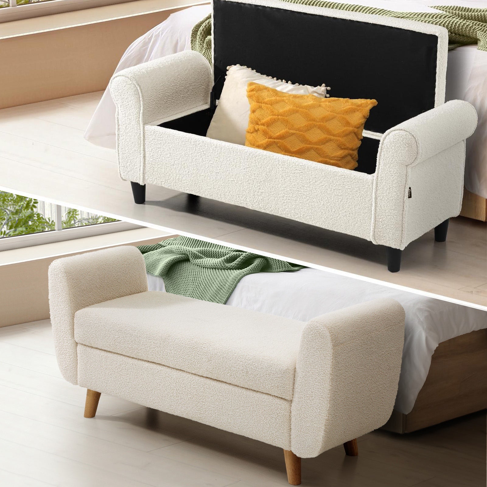 Oikiture Storage Ottoman Blanket Box Sherpa Fabric Arm Foot Stool Bench Large - Sunyee