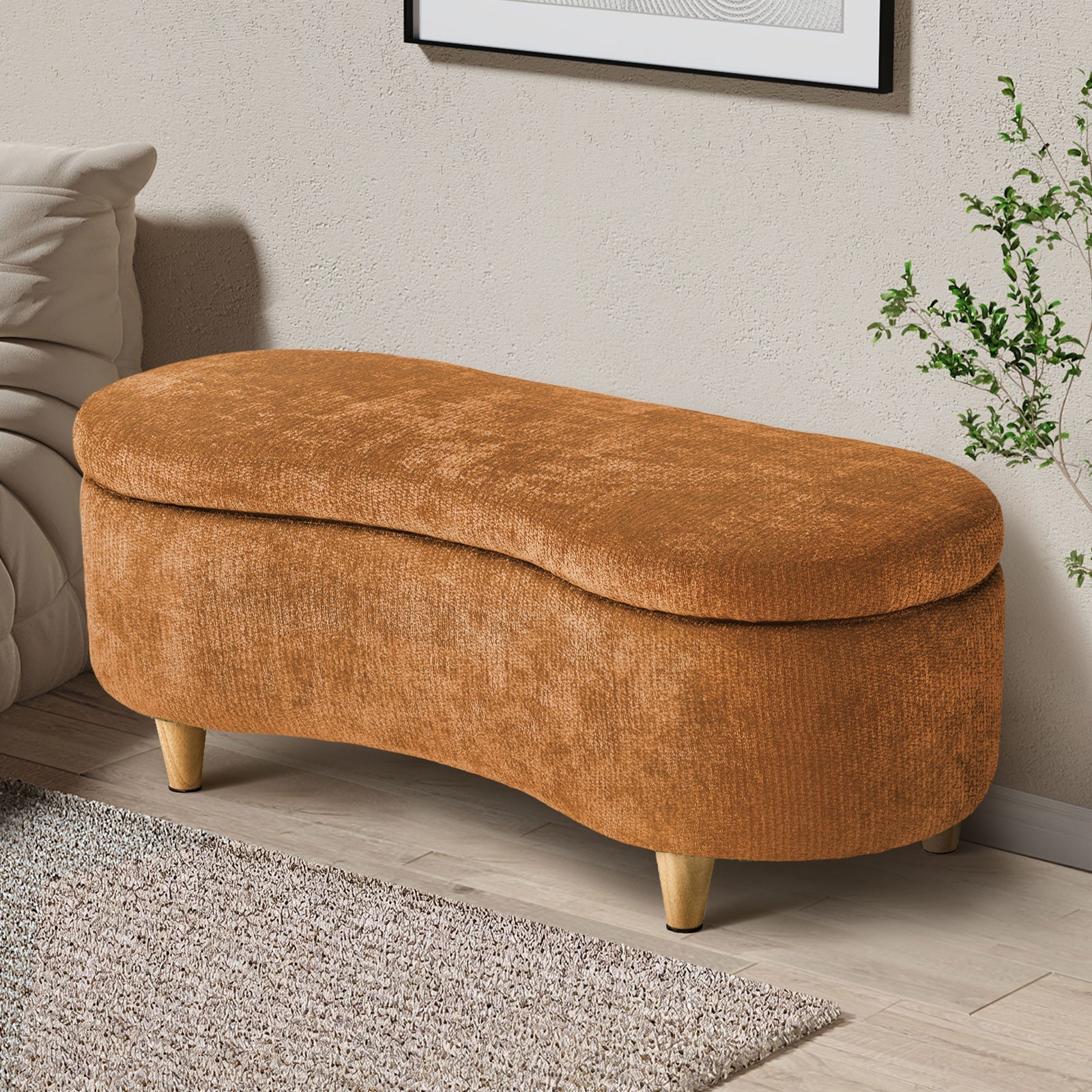 Oikiture Storage Ottoman Cashew Footstool Chenille Chest Bench Blanket Box Orange