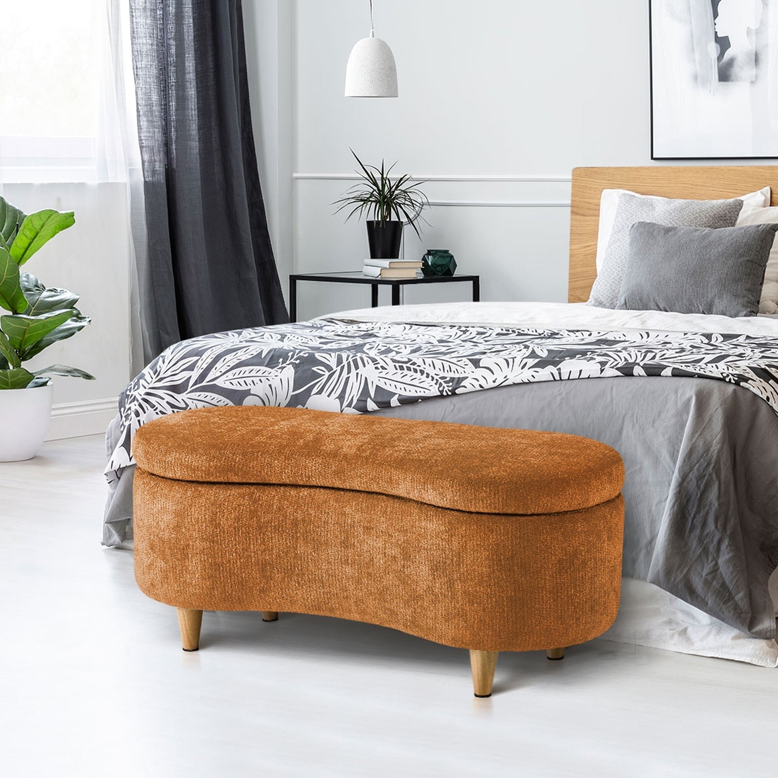 Oikiture Storage Ottoman Cashew Footstool Chenille Chest Bench Blanket Box Orange