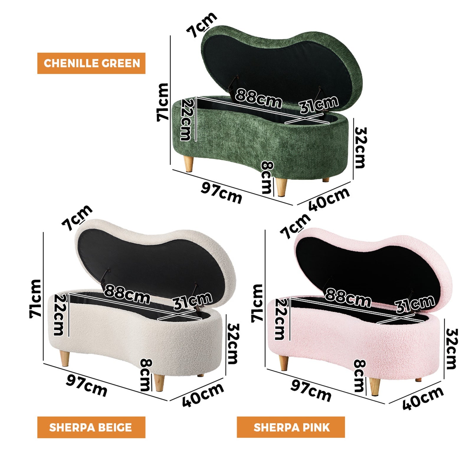 Oikiture Storage Ottoman Cashew Foot Stool Bench Blanket Toy Box Chest Boucle - Sunyee