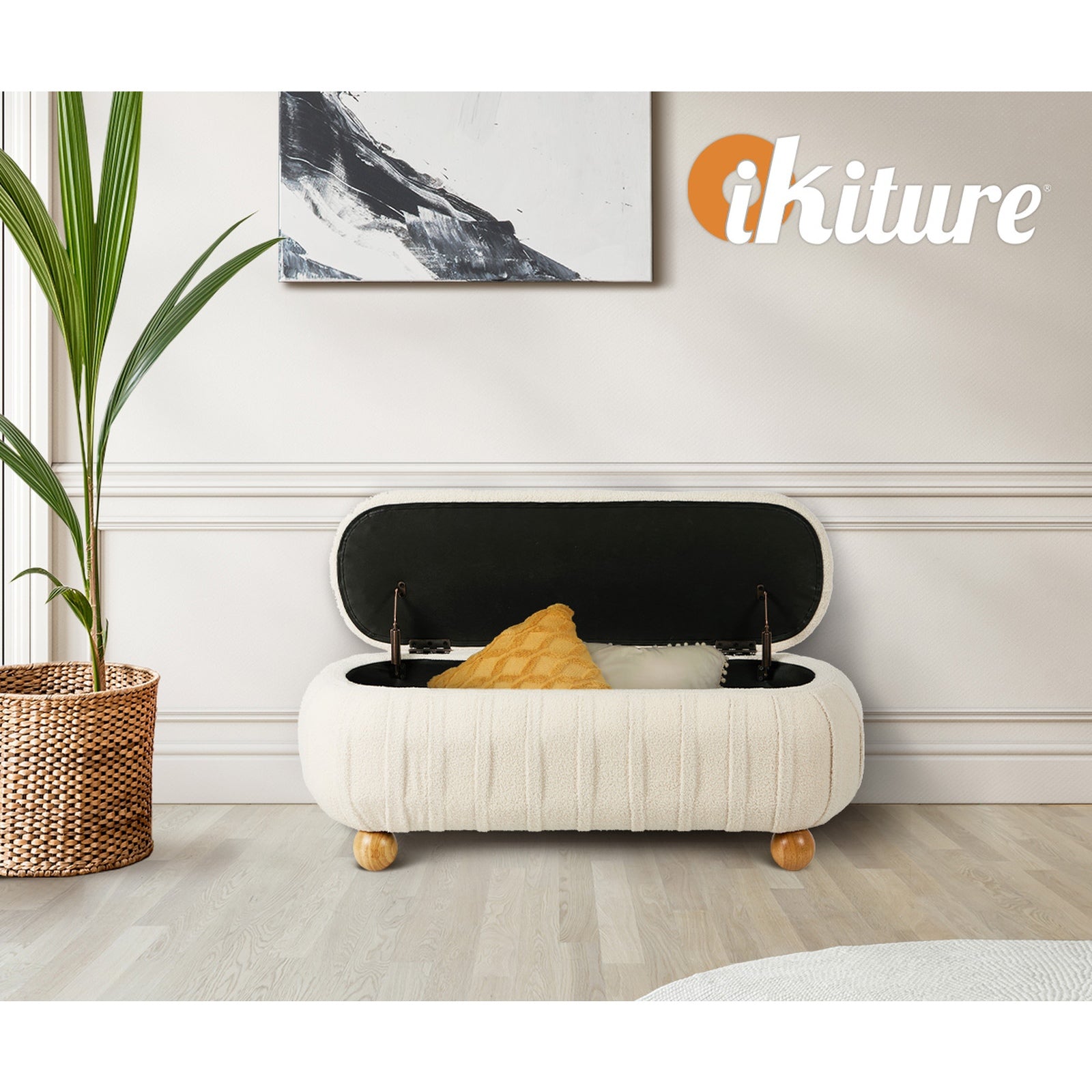 Oikiture 103cm Teddy Boucle Storage Ottoman Oval Bench Chest Ball Legs Beige