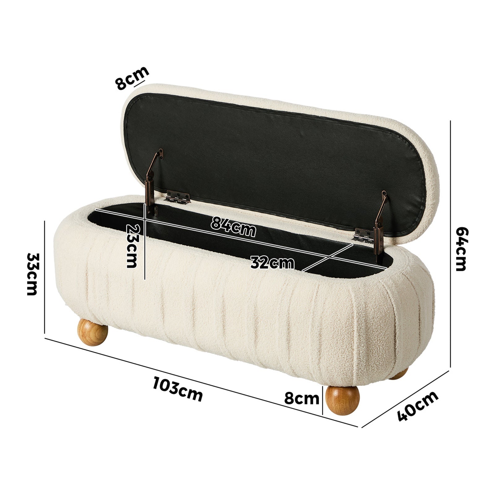 Oikiture 103cm Teddy Boucle Storage Ottoman Oval Bench Chest Ball Legs Beige