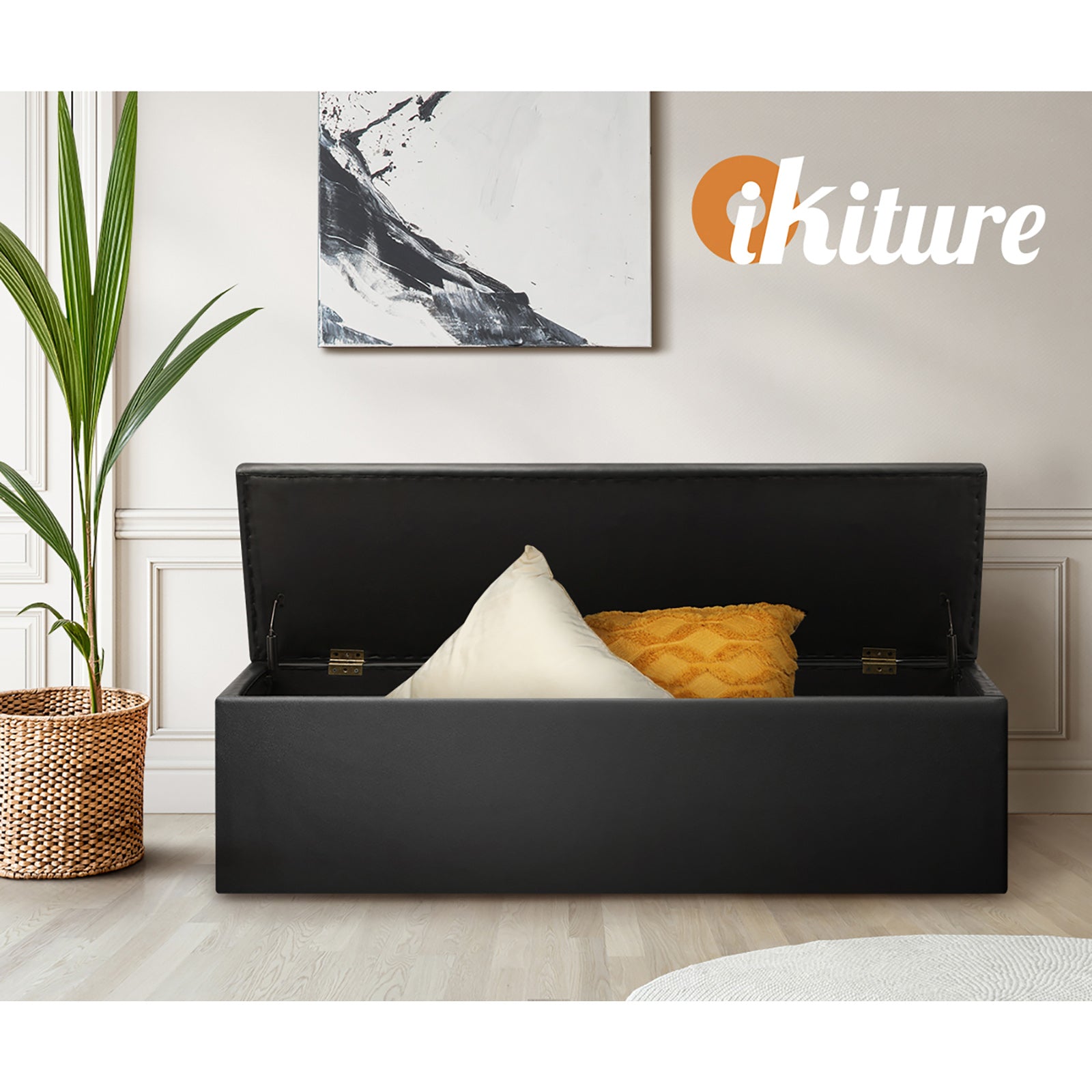 Oikiture Storage Ottoman Blanket Box Foot Stool XL Chest Toy Faux Leather Black - Sunyee