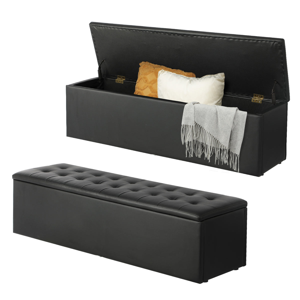 Oikiture Storage Ottoman Blanket Box Linen/Faux Leather Toy Foot Stool L/XL - Sunyee