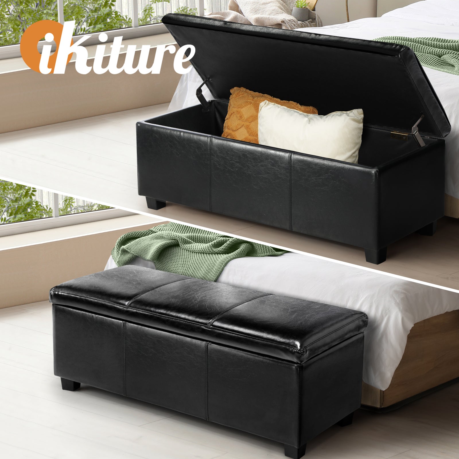 Oikiture Storage Ottoman Blanket Toy Box Faux Leather Linen Arm Stool Chest - Sunyee