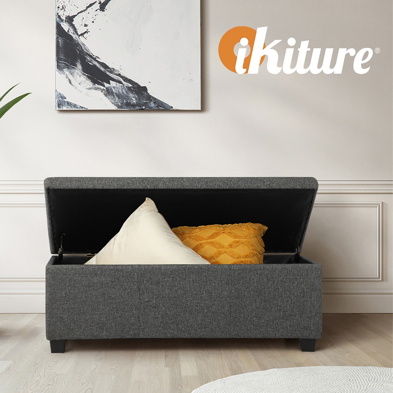 Oikiture Storage Ottoman Blanket Toy Box Faux Leather Linen Arm Stool Chest - Sunyee