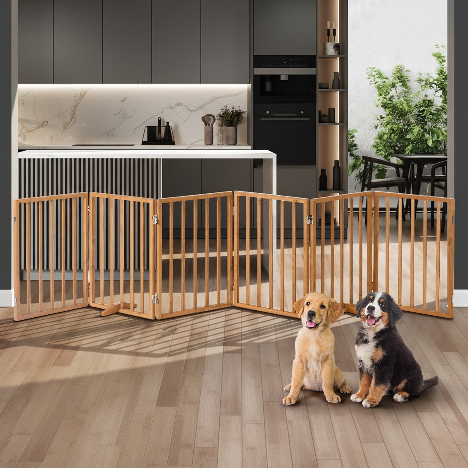 Alopet Wooden Pet Gate Dog Fence Playpen Safety Stair Barrier 6 Panels Natural - Sunyee