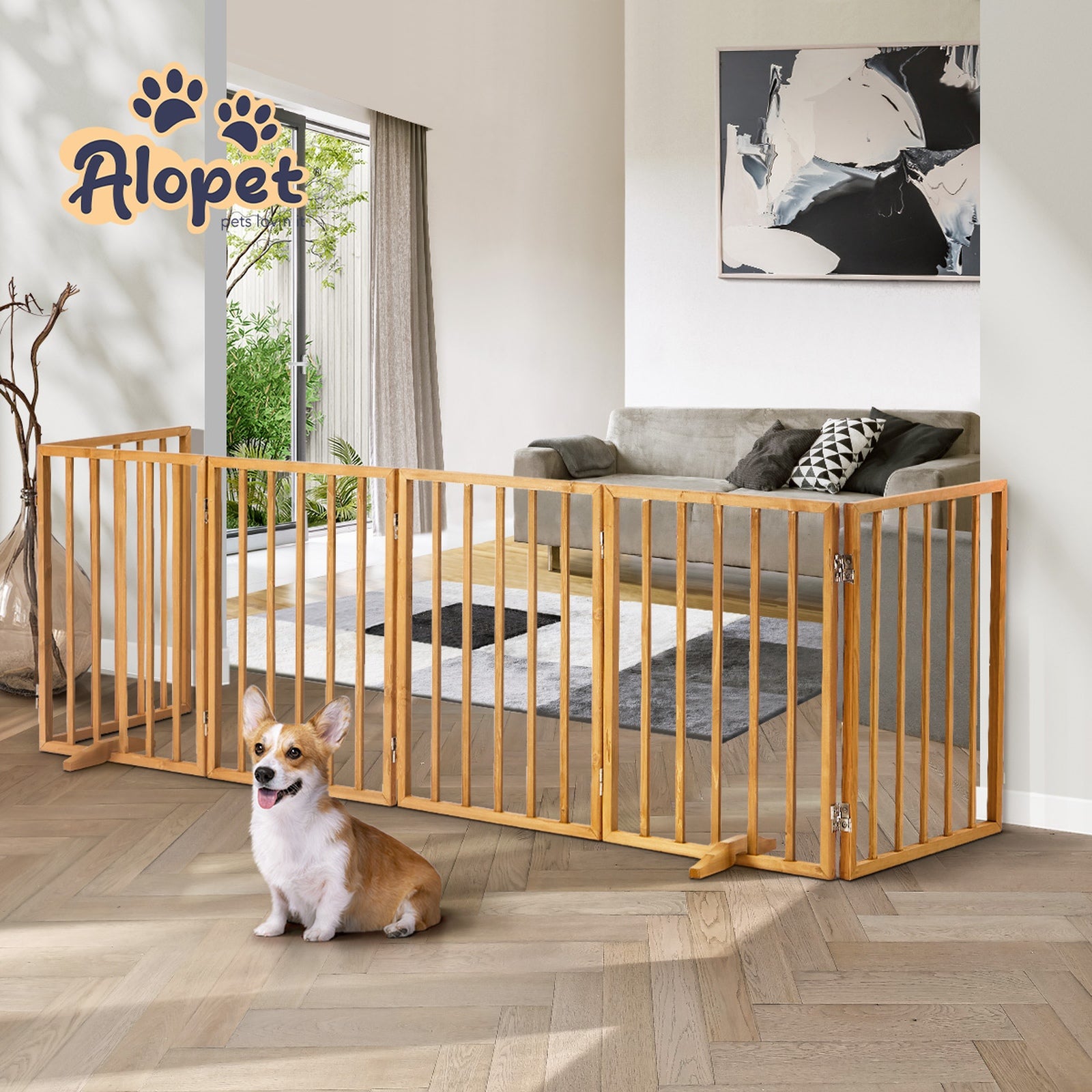 Alopet Wooden Pet Gate Dog Fence Playpen Safety Stair Barrier 6 Panels Natural - Sunyee