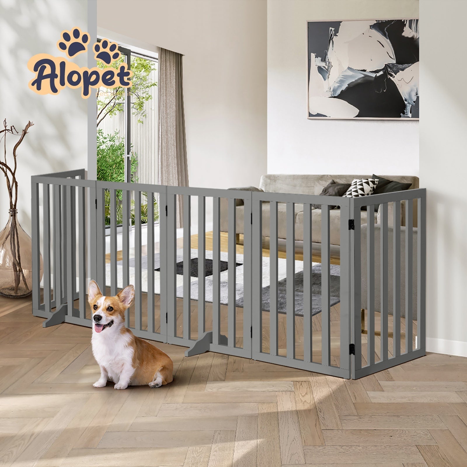 Alopet Wooden Pet Gate Dog Fence Grey Safety Stair Barrier Security Door 80cm - Sunyee
