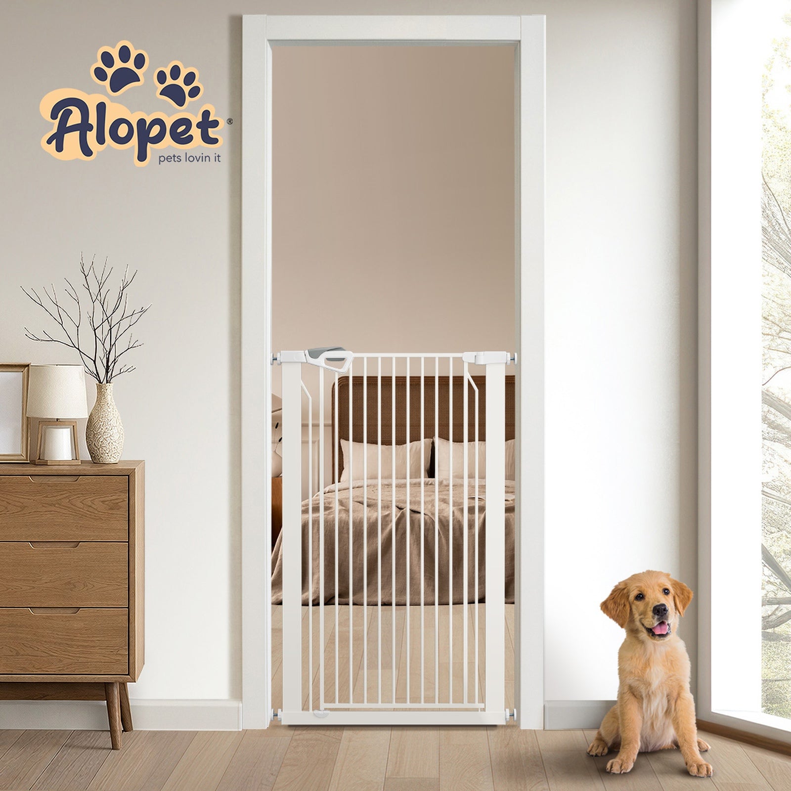 Alopet 120cm Retractable Safety Gate Pet Dog Cat Fence Guard Door White - Sunyee