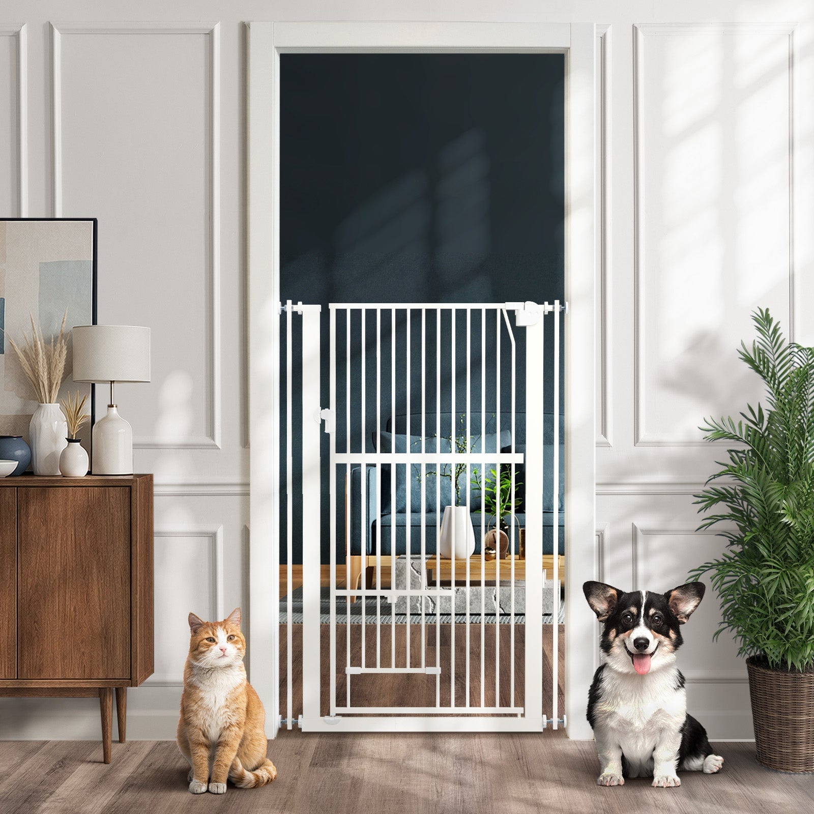 Alopet 143cm Retractable Safety Gate Pet Dog Cat with Walk Through Door White - Sunyee