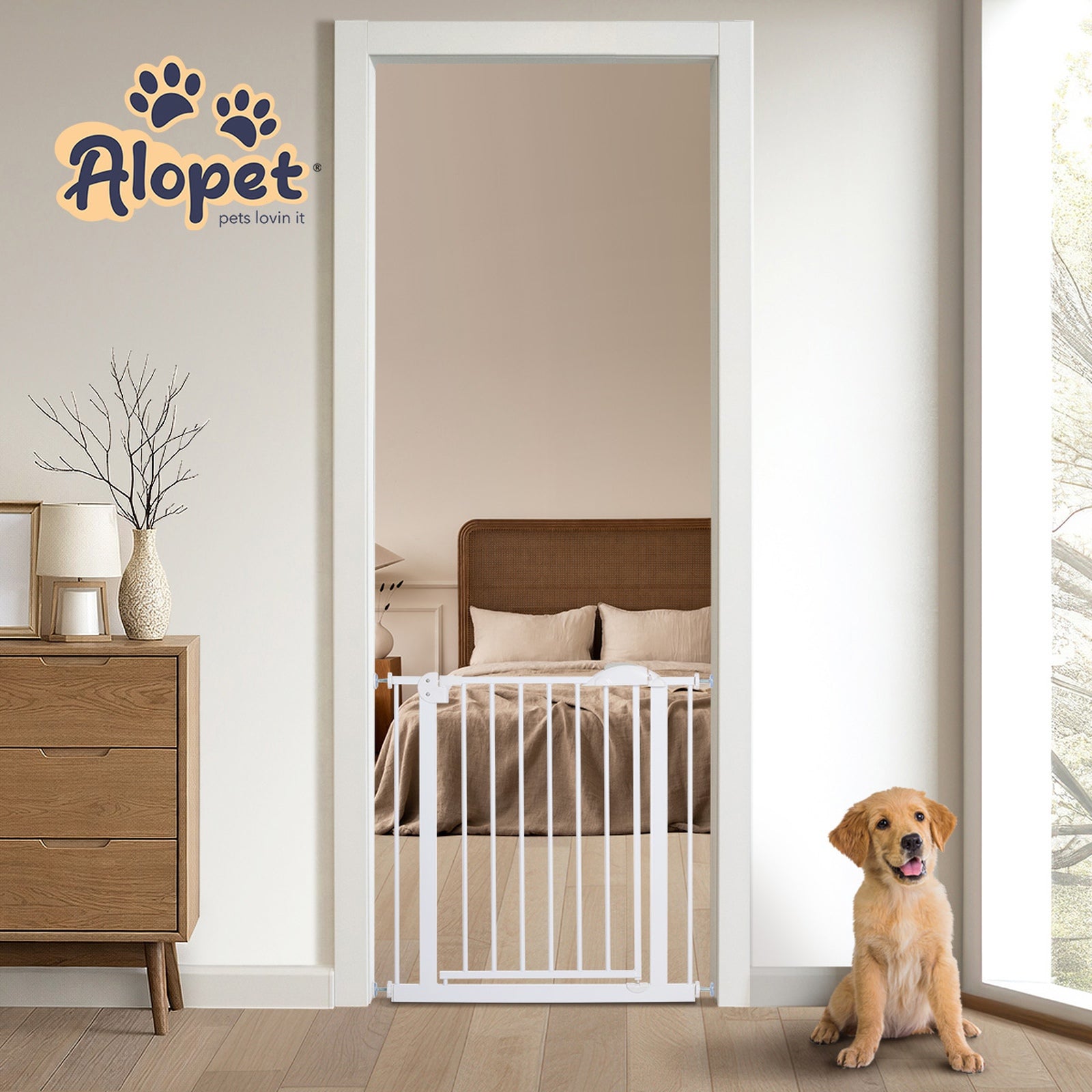 Alopet 78cm Retractable Safety Gate Pet Dog Cat Fence Guard Door White - Sunyee