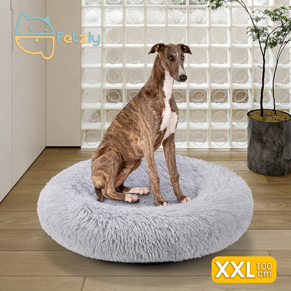 Petzly Dog Cat Calming Bed Warm Soft Plush Round Waterproof 100CM Bed Light Grey - Sunyee