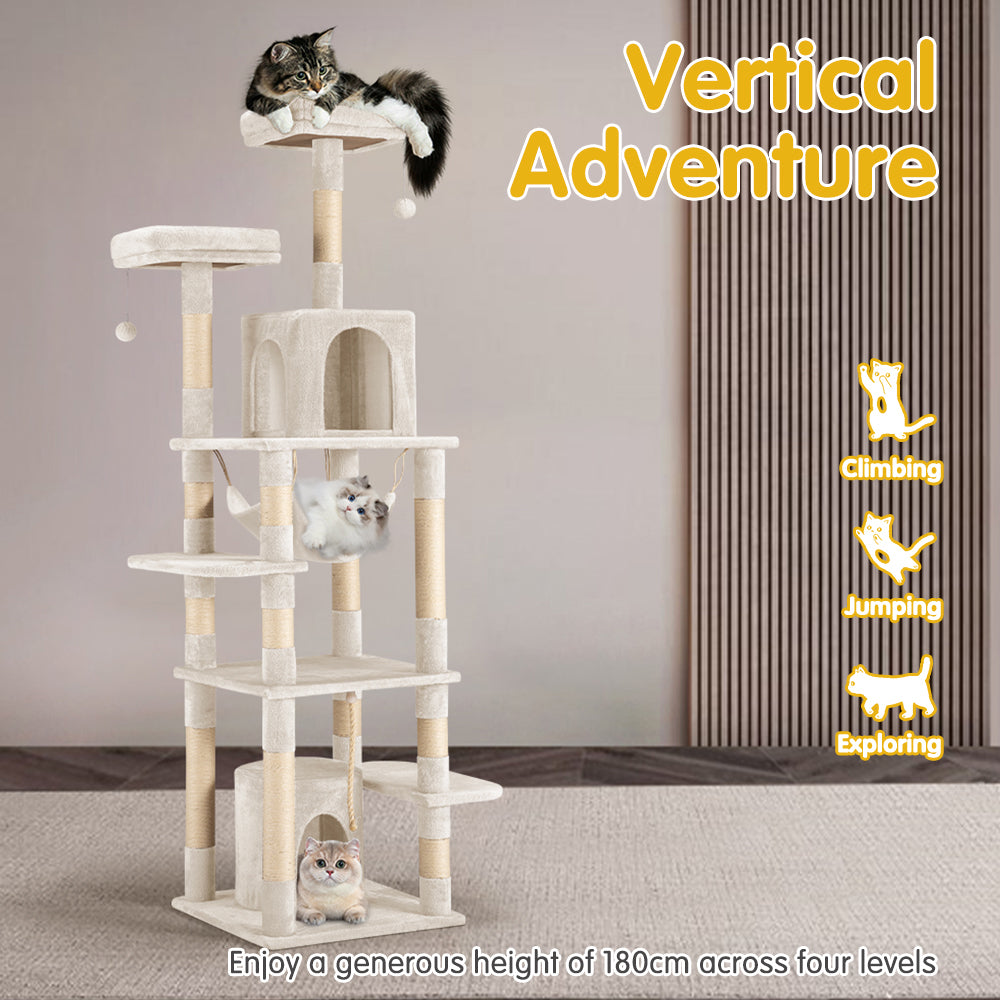 Petzly Cat Tree Tower Scratching Post Scratcher Condo 180cm Beige/Dark Grey/Grey - Sunyee