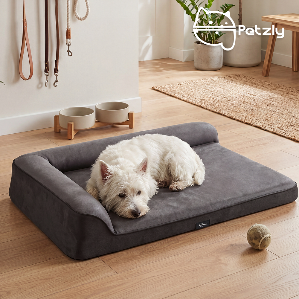 Petzly Dog Bed with L-Shaped Bolsters Removable Washable Cover Memory Foam