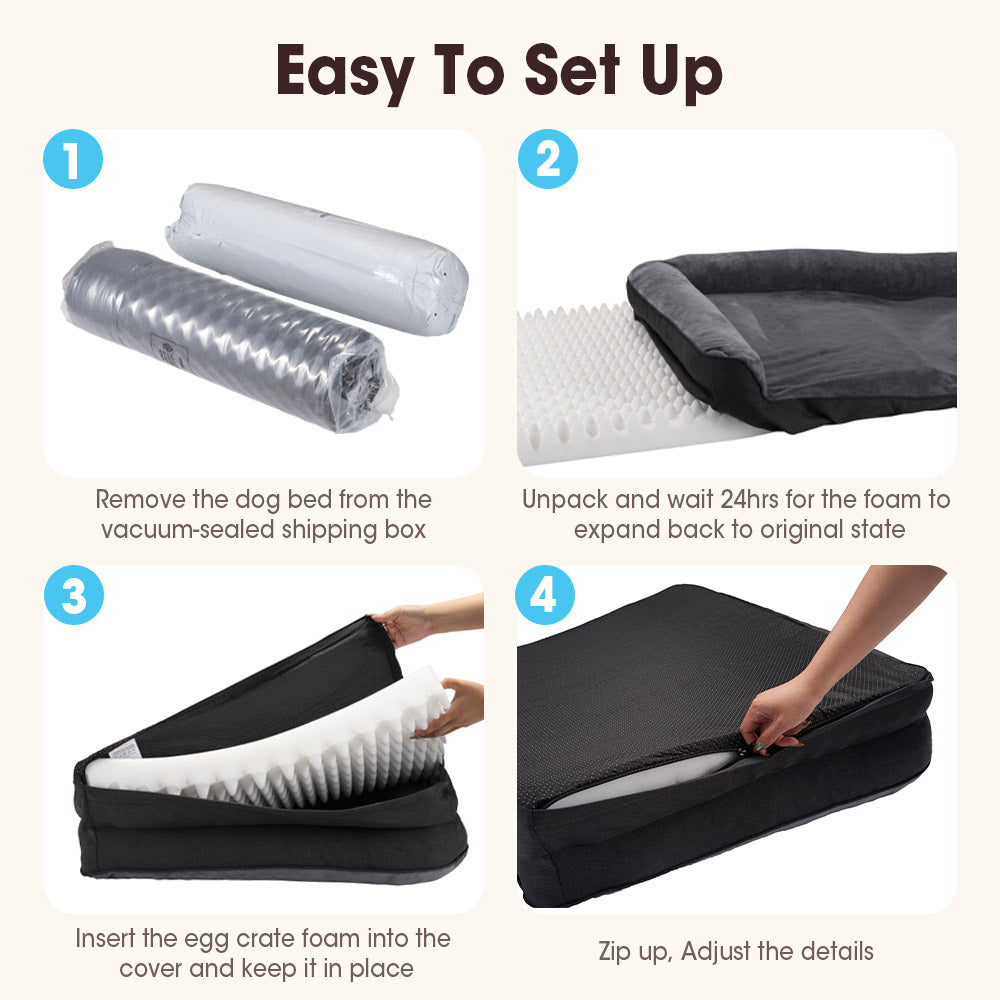 Petzly Dog Bed with L-Shaped Bolsters Removable Washable Cover Memory Foam