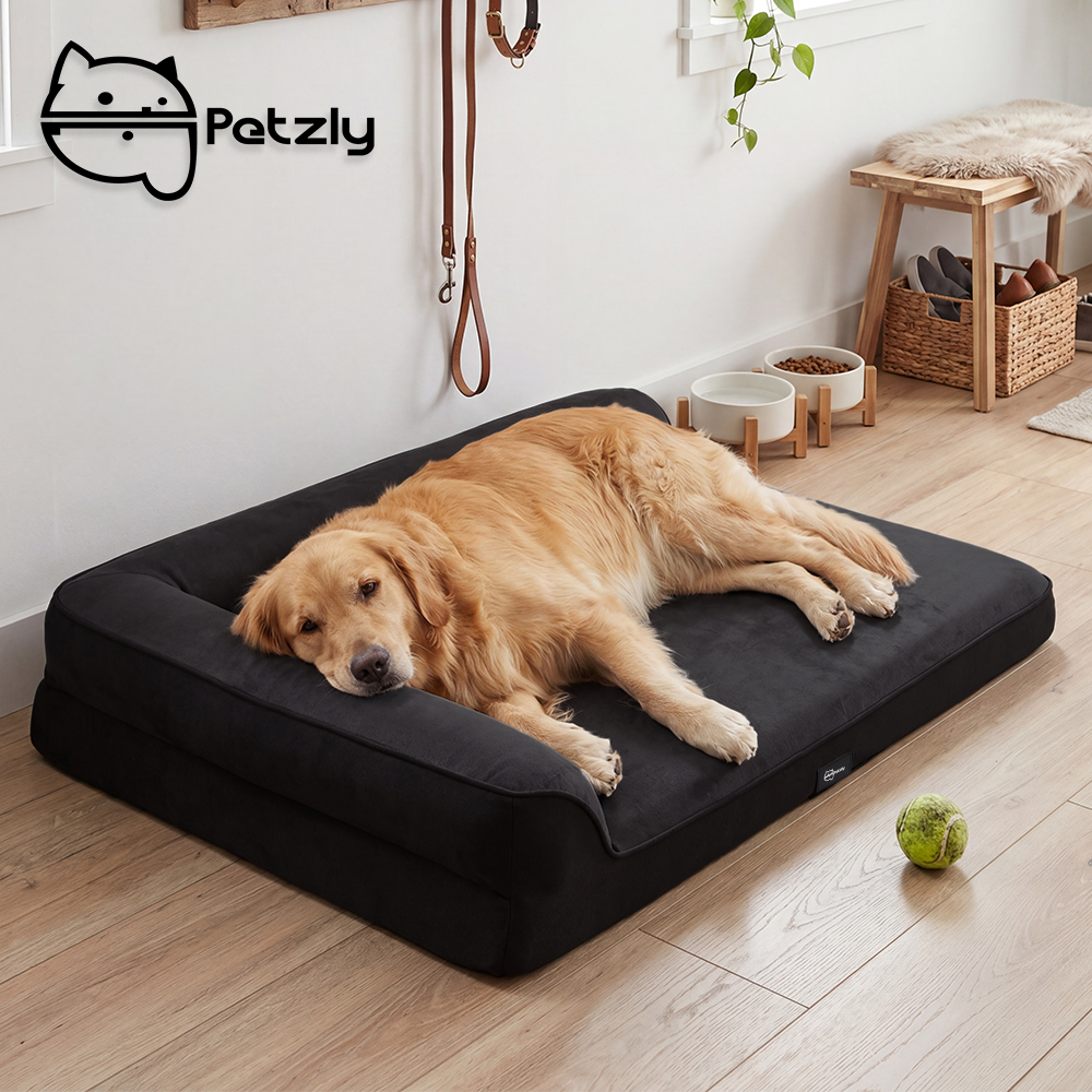 Petzly Dog Bed with L-Shaped Bolsters Removable Washable Cover Memory Foam