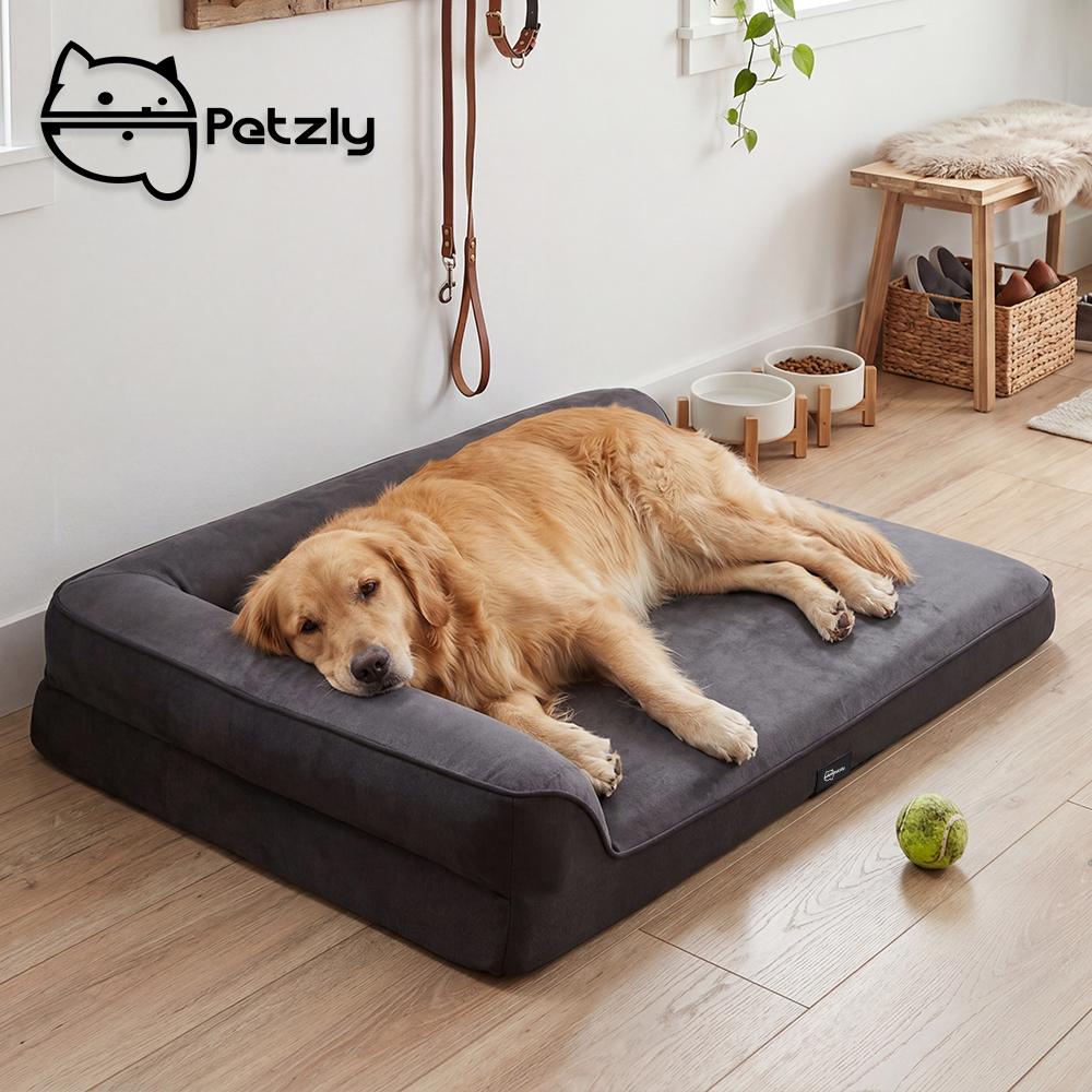 Petzly Dog Bed with L-Shaped Bolsters Removable Washable Cover Memory Foam