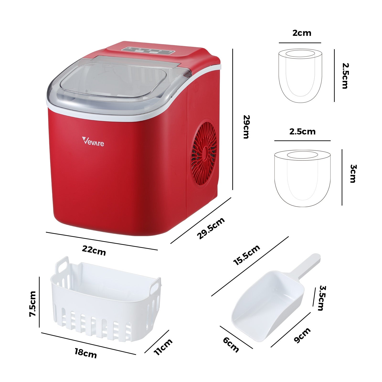 Vevare Portable Ice Maker Machine Ice Cube Tray 12kg Bar Countertop Red - Sunyee