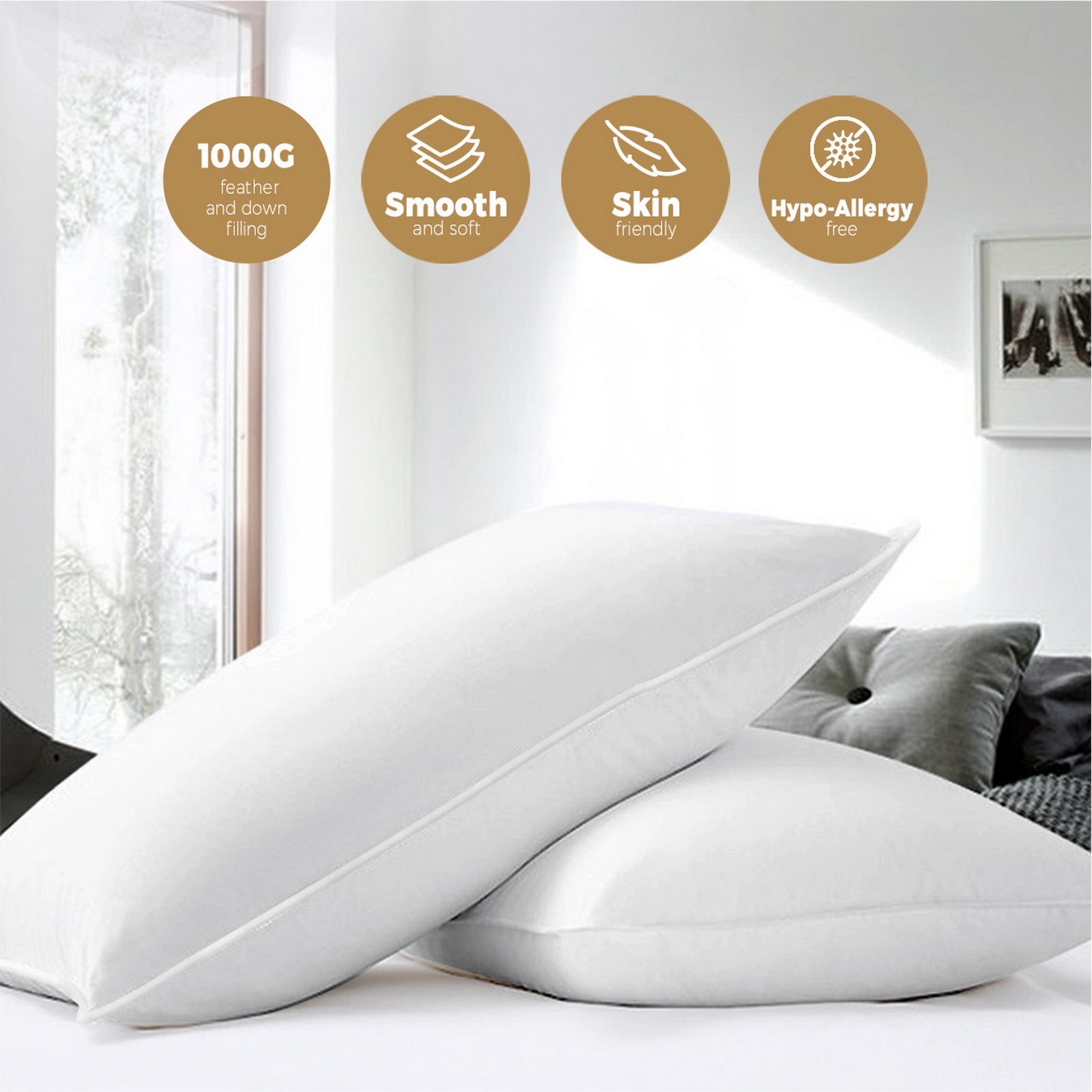Bedra Pillow Duck Goose Feather Down Standard Pillows Cotton Cover - Twin Pack - Sunyee