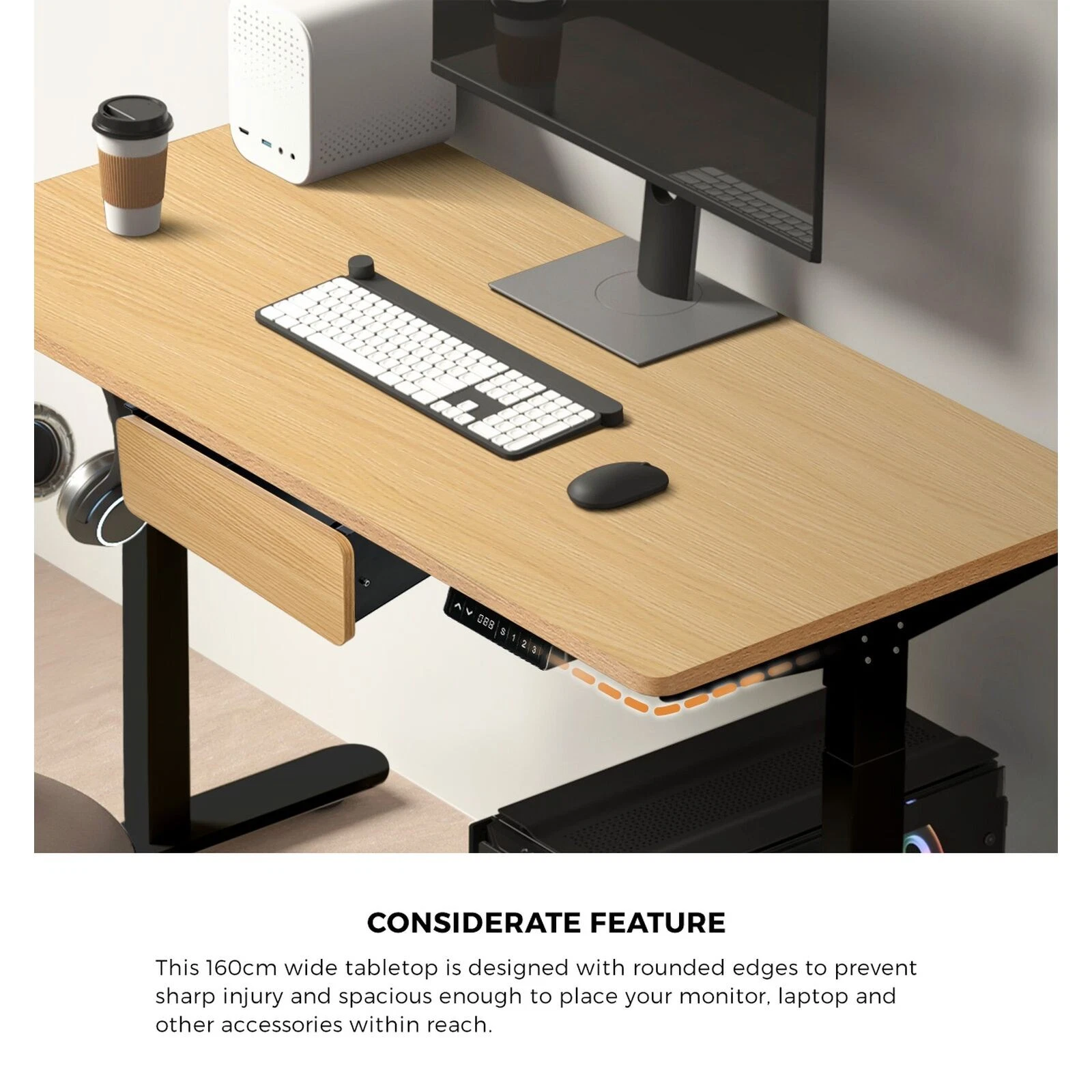 Oikiture 160cm Electric Standing Desk Dual Motor Drawer Adjustable Oak Black - Sunyee