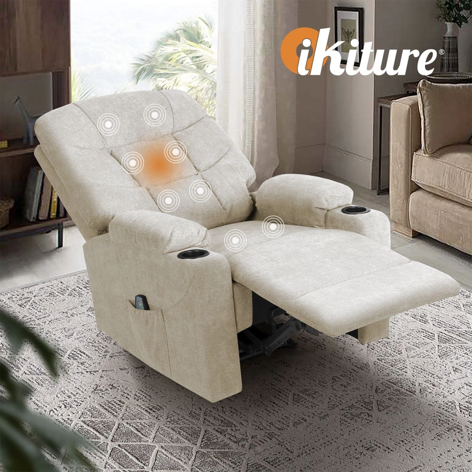 Oikiture Recliner Chair Electric Massage Chair Lounge Heated Polyester