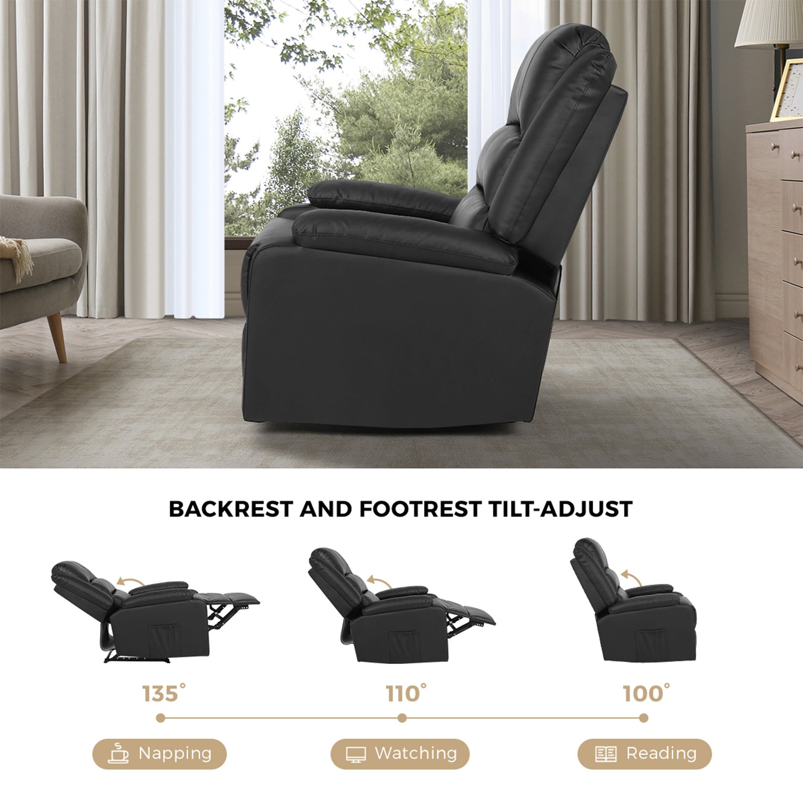 Oikiture Recliner Chair ArmChair Padded Lounge With Side Pocket Leather Black - Sunyee