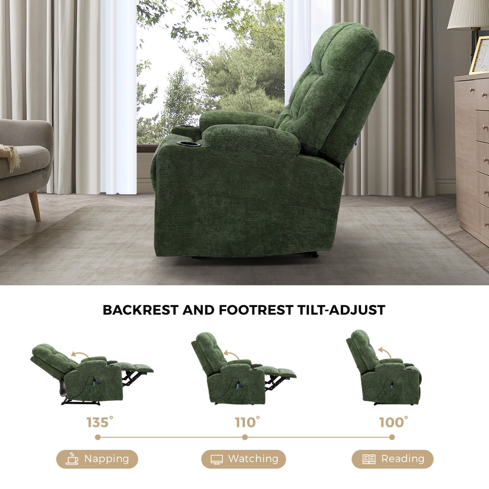 Oikiture Recliner Chair Electric Massage Chair Lounge Heated Polyester Green