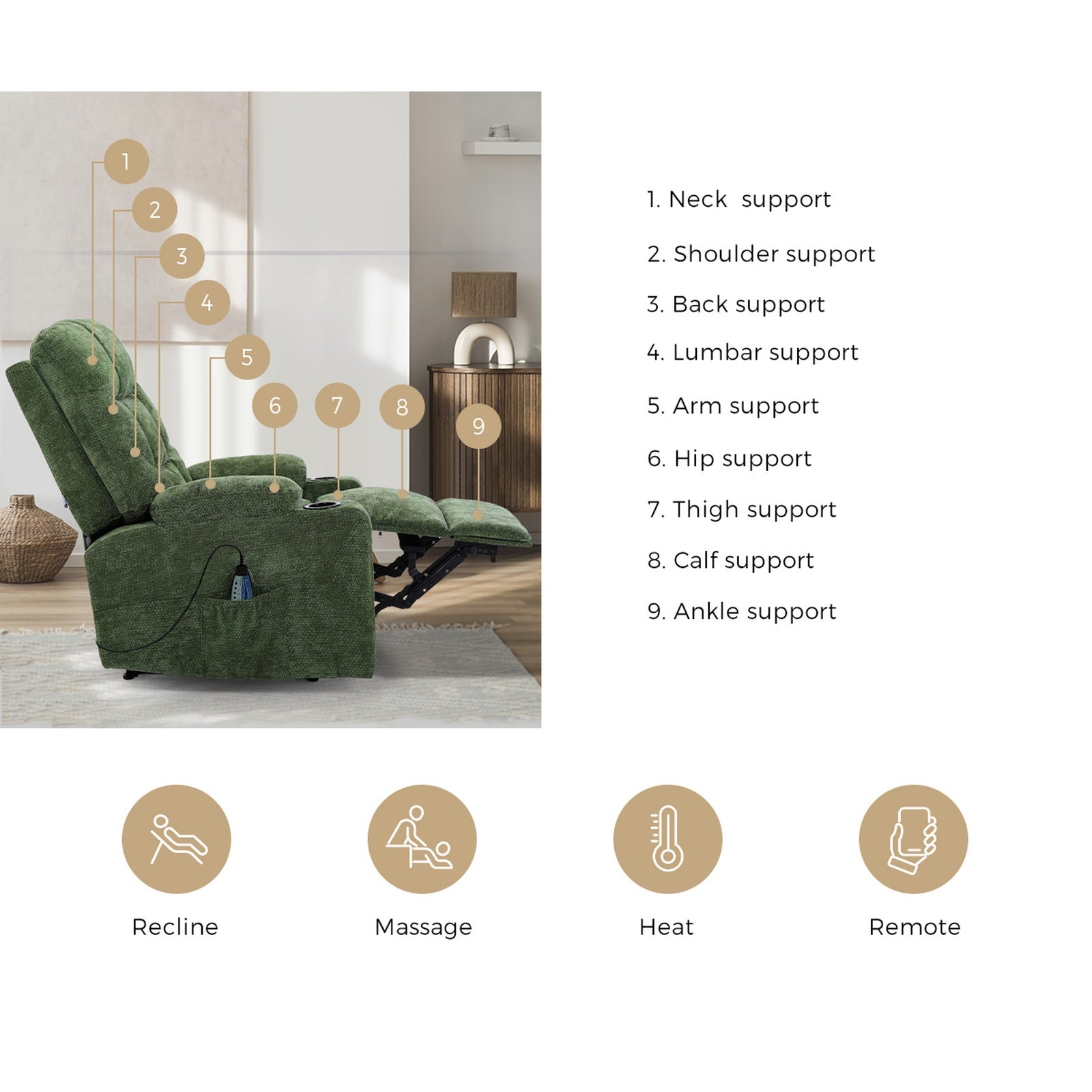 Oikiture Recliner Chair Electric Massage Chair Lounge Heated Polyester Green