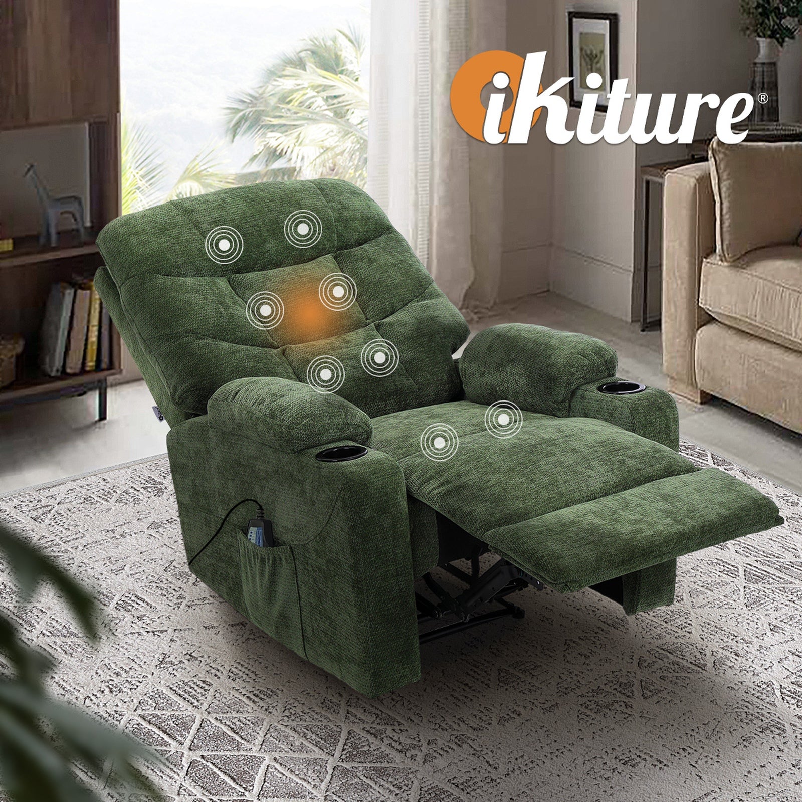 Oikiture Recliner Chair Electric Massage Chair Lounge Heated Polyester Green